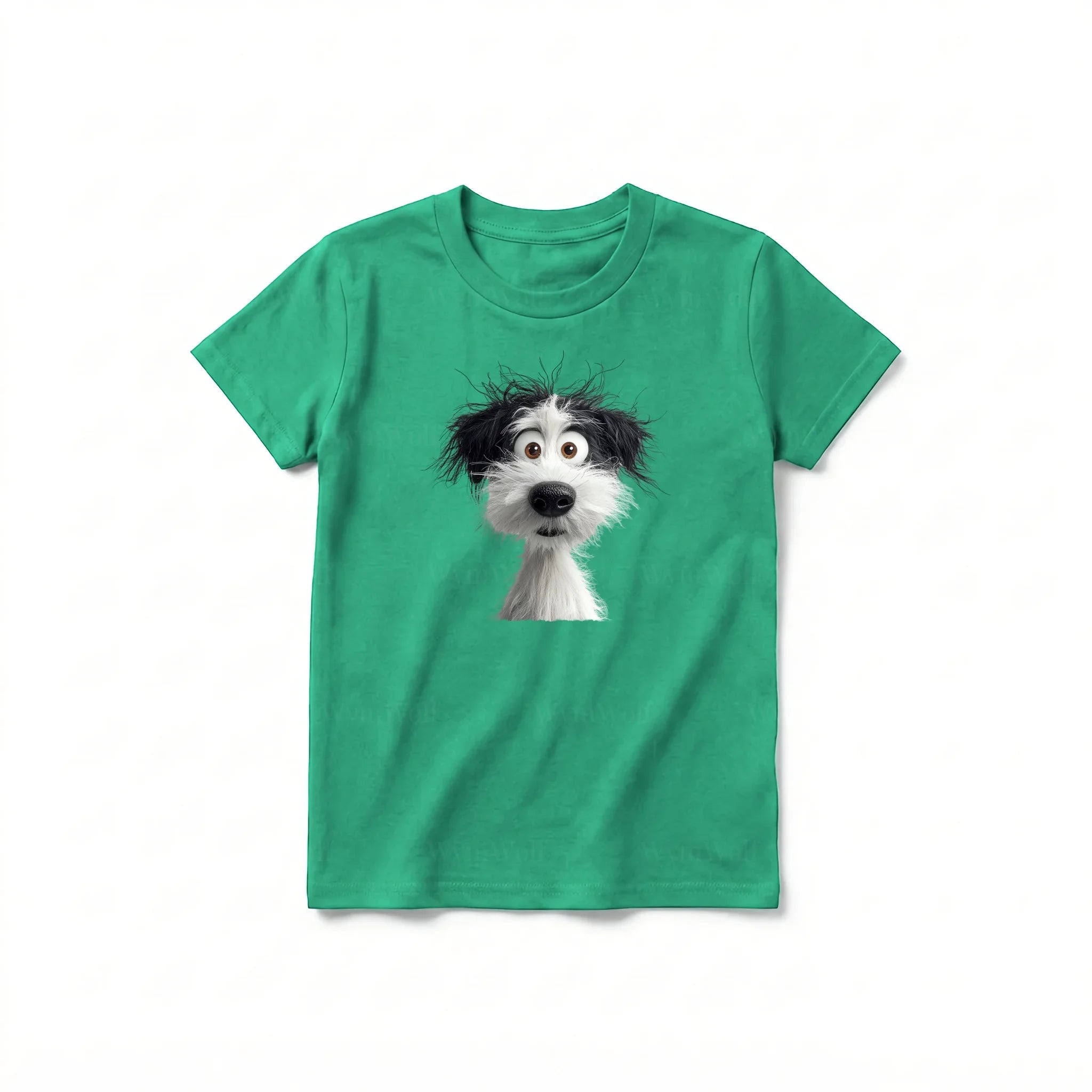 A kelly short-sleeve crewneck t-shirt for youth featuring a graphic of a dog on the front.