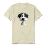A latte short-sleeve crewneck t-shirt for adult featuring a graphic of a dog on the front.