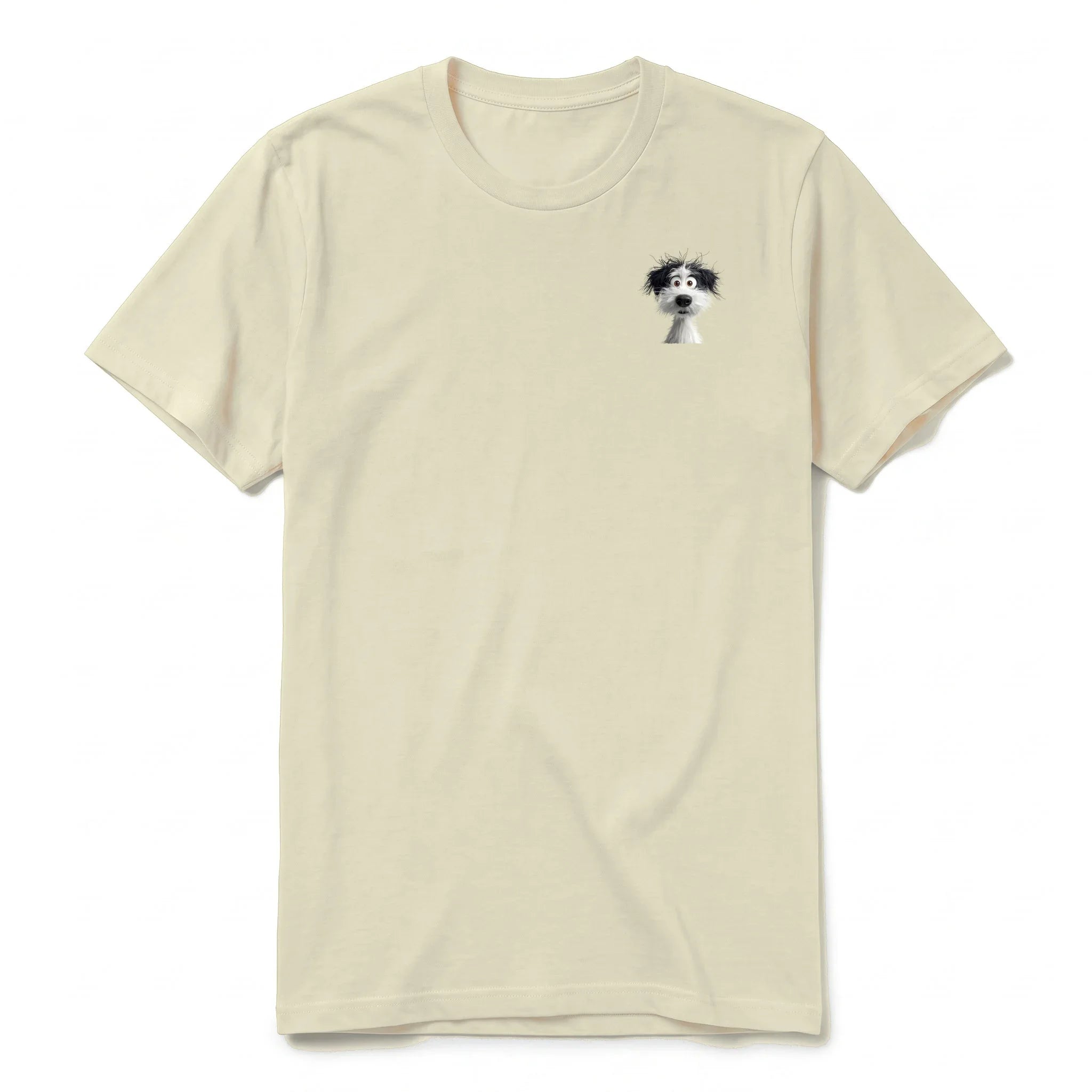 A latte short-sleeve crewneck t-shirt for adult featuring a graphic of a dog on the left chest.