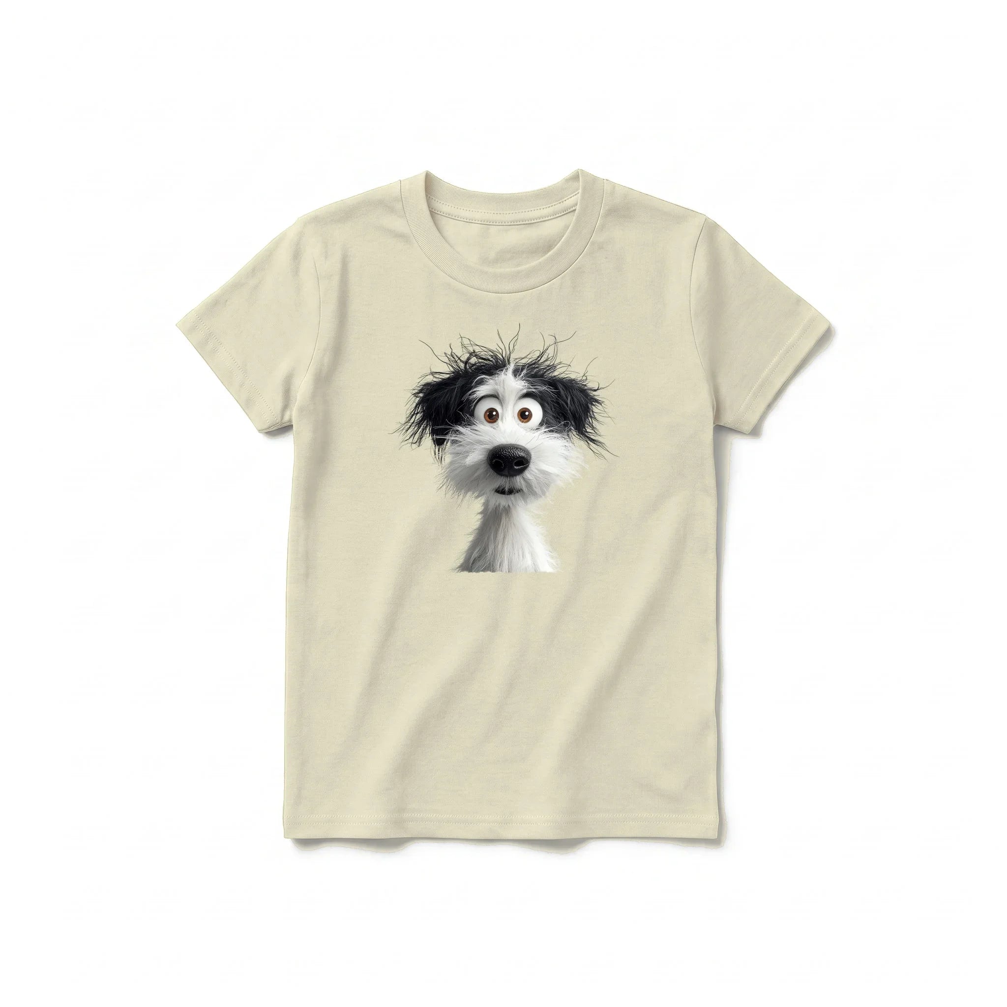 A latte short-sleeve crewneck t-shirt for youth featuring a graphic of a dog on the front.