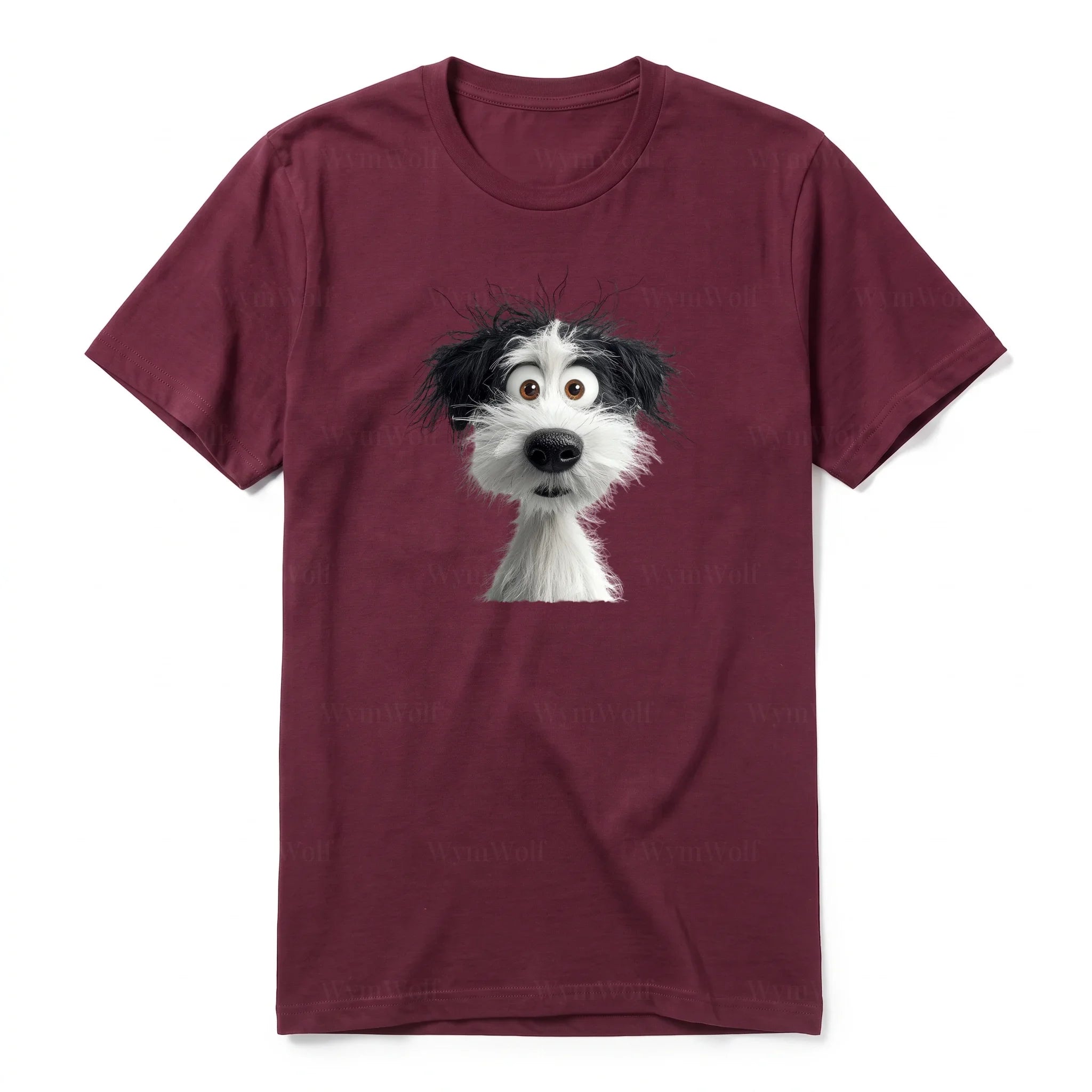 A maroon short-sleeve crewneck t-shirt for adult featuring a graphic of a dog on the front.