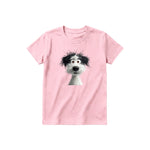 A pink short-sleeve crewneck t-shirt for youth featuring a graphic of a dog on the front.