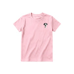 A pink short-sleeve crewneck t-shirt for youth featuring a graphic of a dog on the left chest.