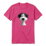 A raspberry short-sleeve crewneck t-shirt for adult featuring a graphic of a dog on the front.