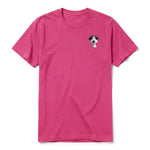 A raspberry short-sleeve crewneck t-shirt for adult featuring a graphic of a dog on the left chest.