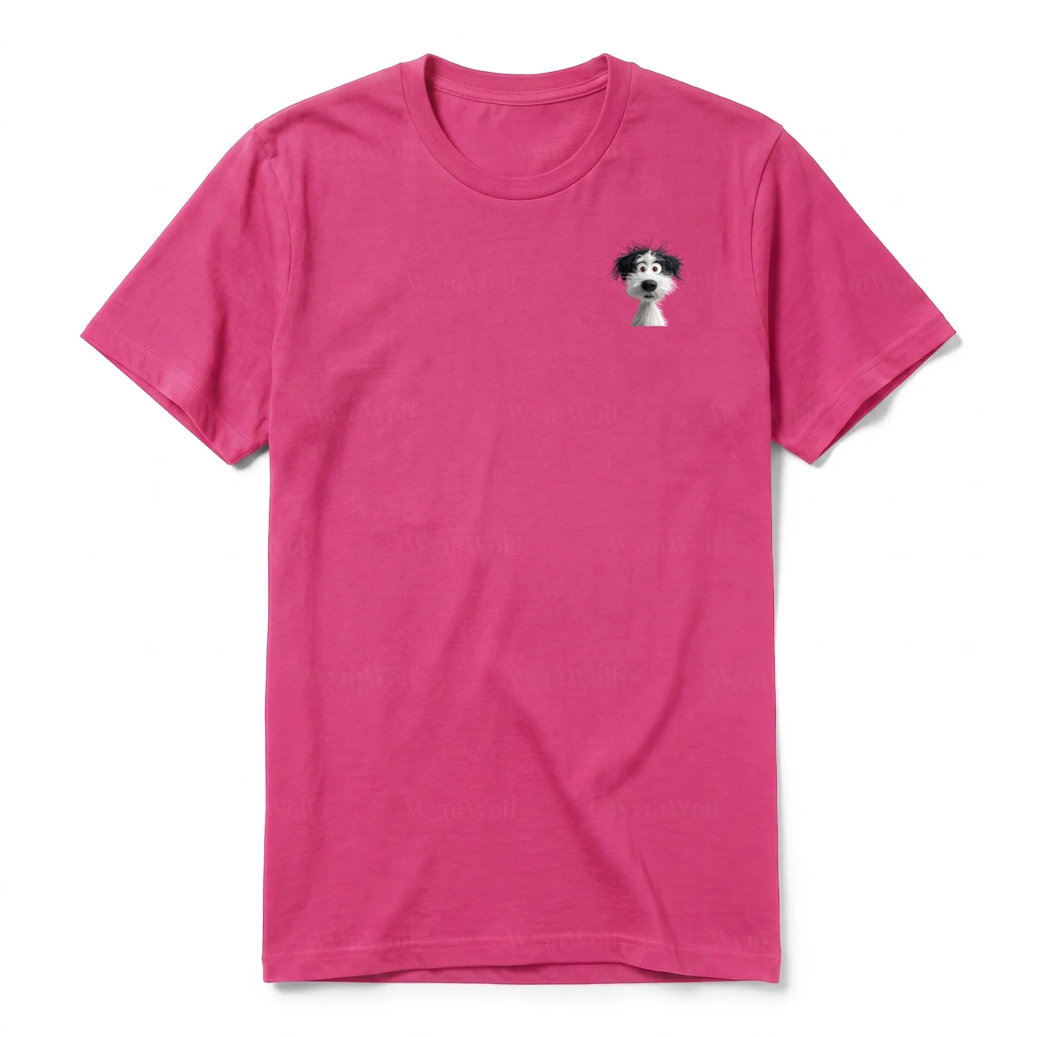 A raspberry short-sleeve crewneck t-shirt for adult featuring a graphic of a dog on the left chest.