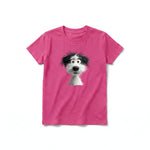 A raspberry short-sleeve crewneck t-shirt for youth featuring a graphic of a dog on the front.