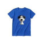 A royal short-sleeve crewneck t-shirt for youth featuring a graphic of a dog on the front.