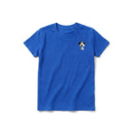 A royal short-sleeve crewneck t-shirt for youth featuring a graphic of a dog on the left chest.