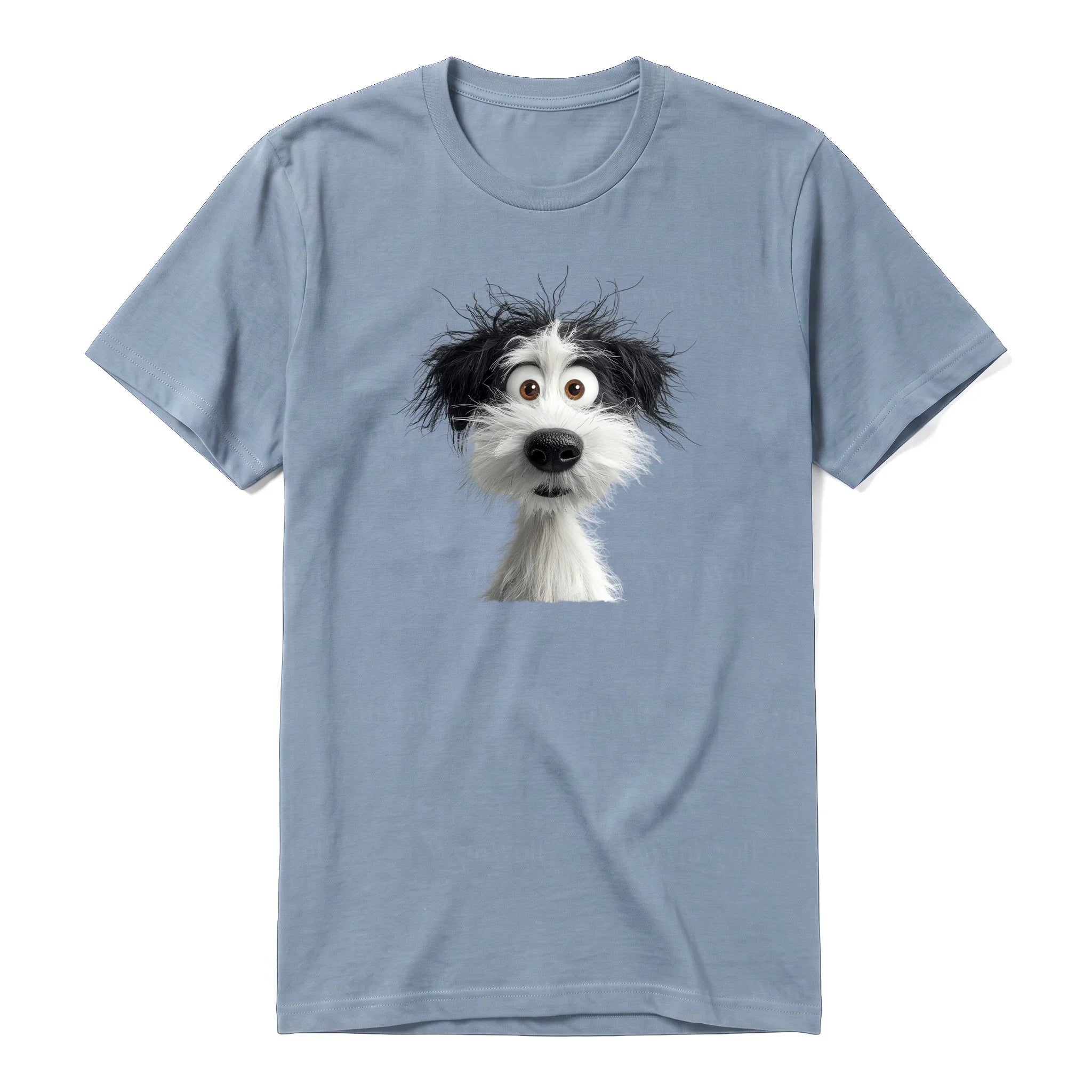 A steel-blue short-sleeve crewneck t-shirt for adult featuring a graphic of a dog on the front.