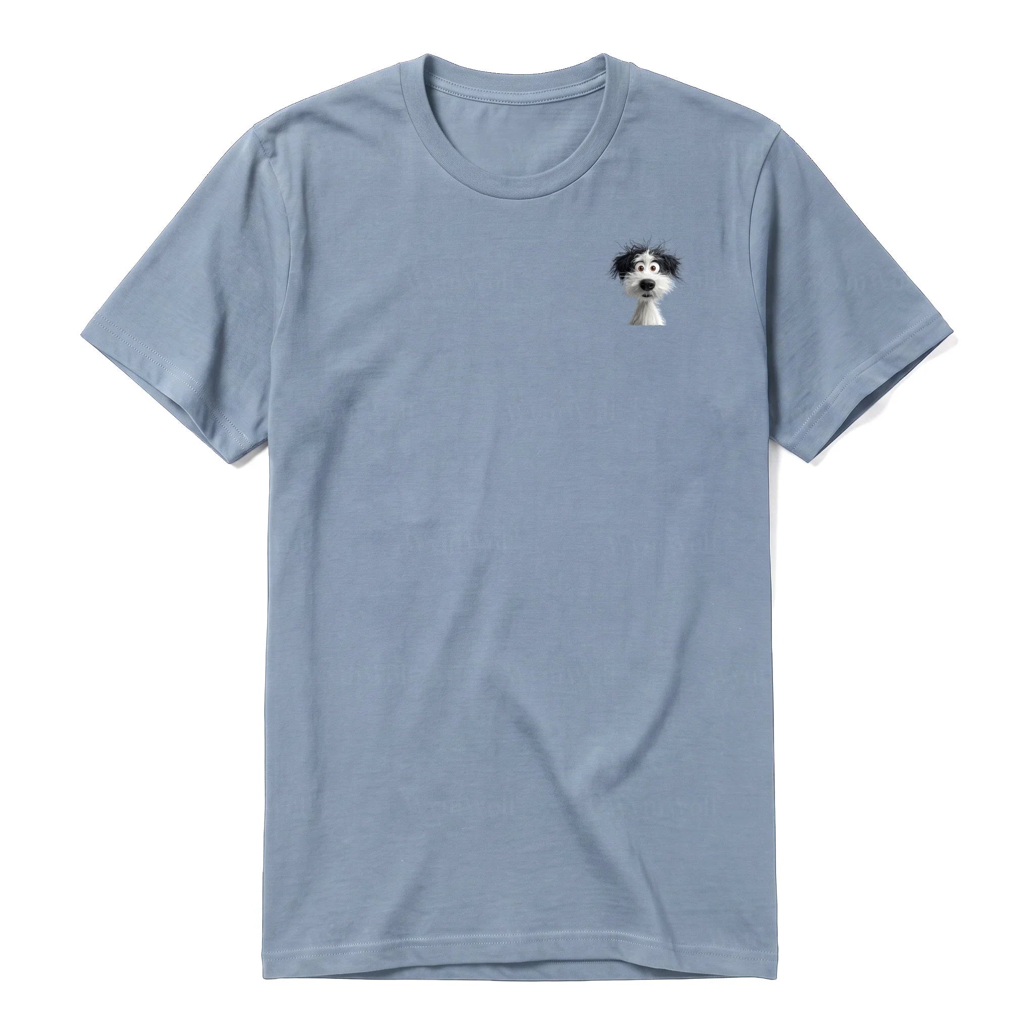 A steel-blue short-sleeve crewneck t-shirt for adult featuring a graphic of a dog on the left chest.
