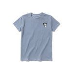 A steel-blue short-sleeve crewneck t-shirt for youth featuring a graphic of a dog on the left chest.