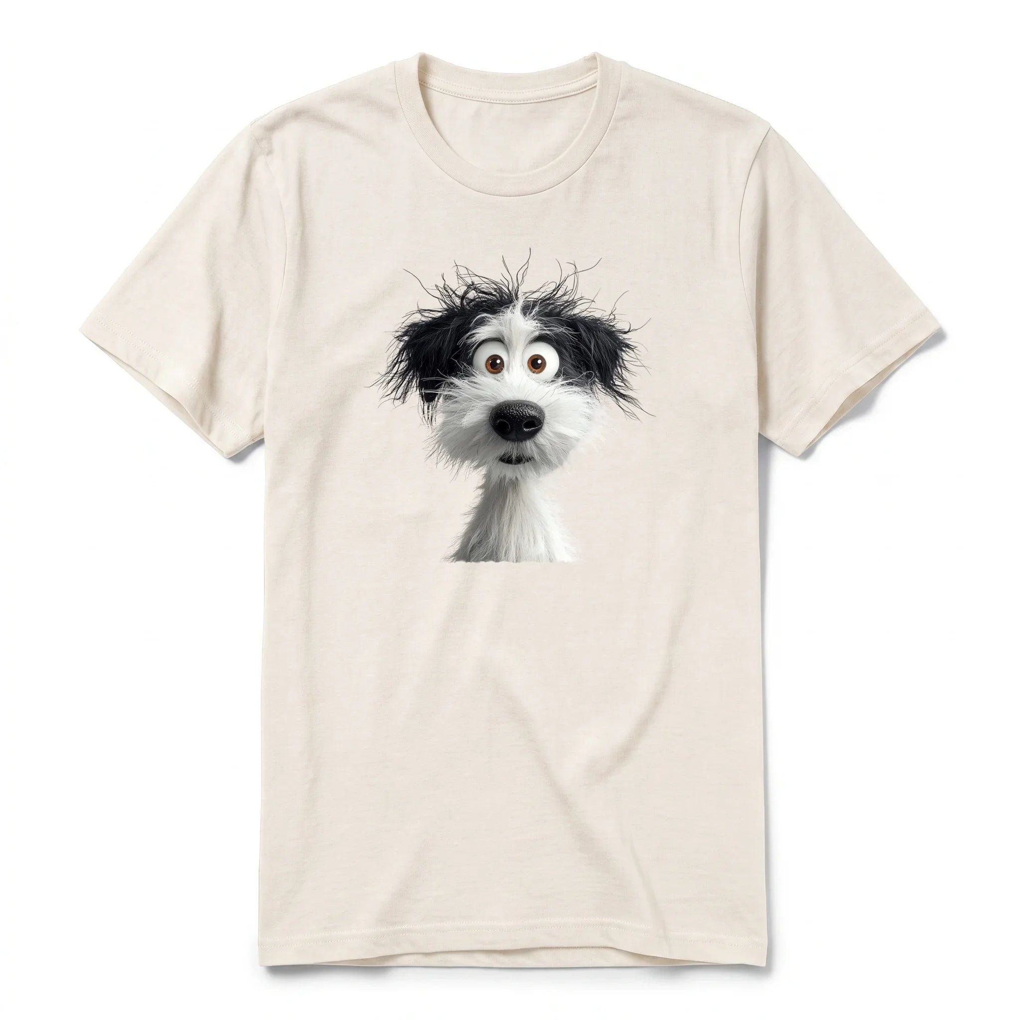 A vintage-white short-sleeve crewneck t-shirt for adult featuring a graphic of a dog on the front.