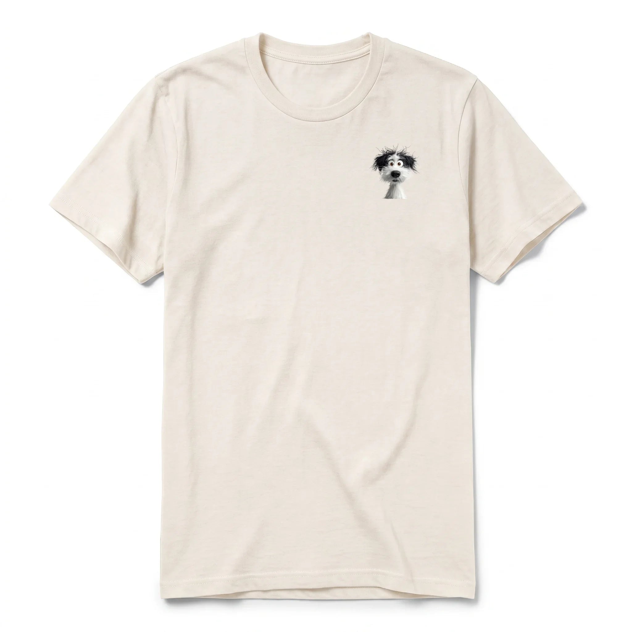 A vintage-white short-sleeve crewneck t-shirt for adult featuring a graphic of a dog on the left chest.