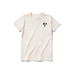 A vintage-white short-sleeve crewneck t-shirt for youth featuring a graphic of a dog on the left chest.