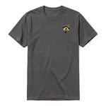 A charcoal short-sleeve crewneck t-shirt for adult featuring a graphic of a dog on the left chest.