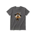 A charcoal short-sleeve crewneck t-shirt for youth featuring a graphic of a dog on the front.