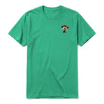 A kelly short-sleeve crewneck t-shirt for adult featuring a graphic of a dog on the left chest.
