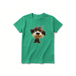 A kelly short-sleeve crewneck t-shirt for youth featuring a graphic of a dog on the front.