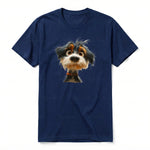 A navy short-sleeve crewneck t-shirt for adult featuring a graphic of a dog on the front.