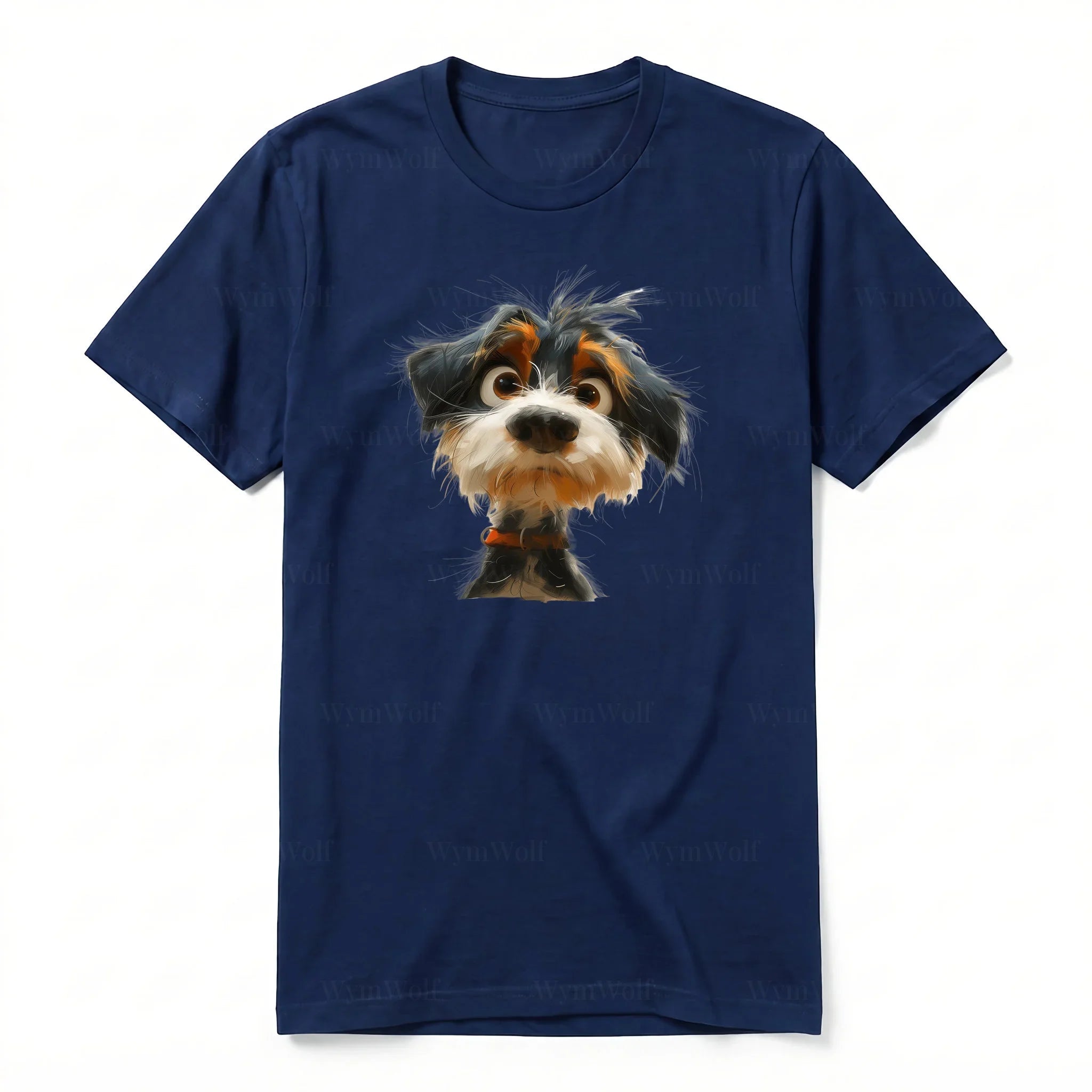 A navy short-sleeve crewneck t-shirt for adult featuring a graphic of a dog on the front.