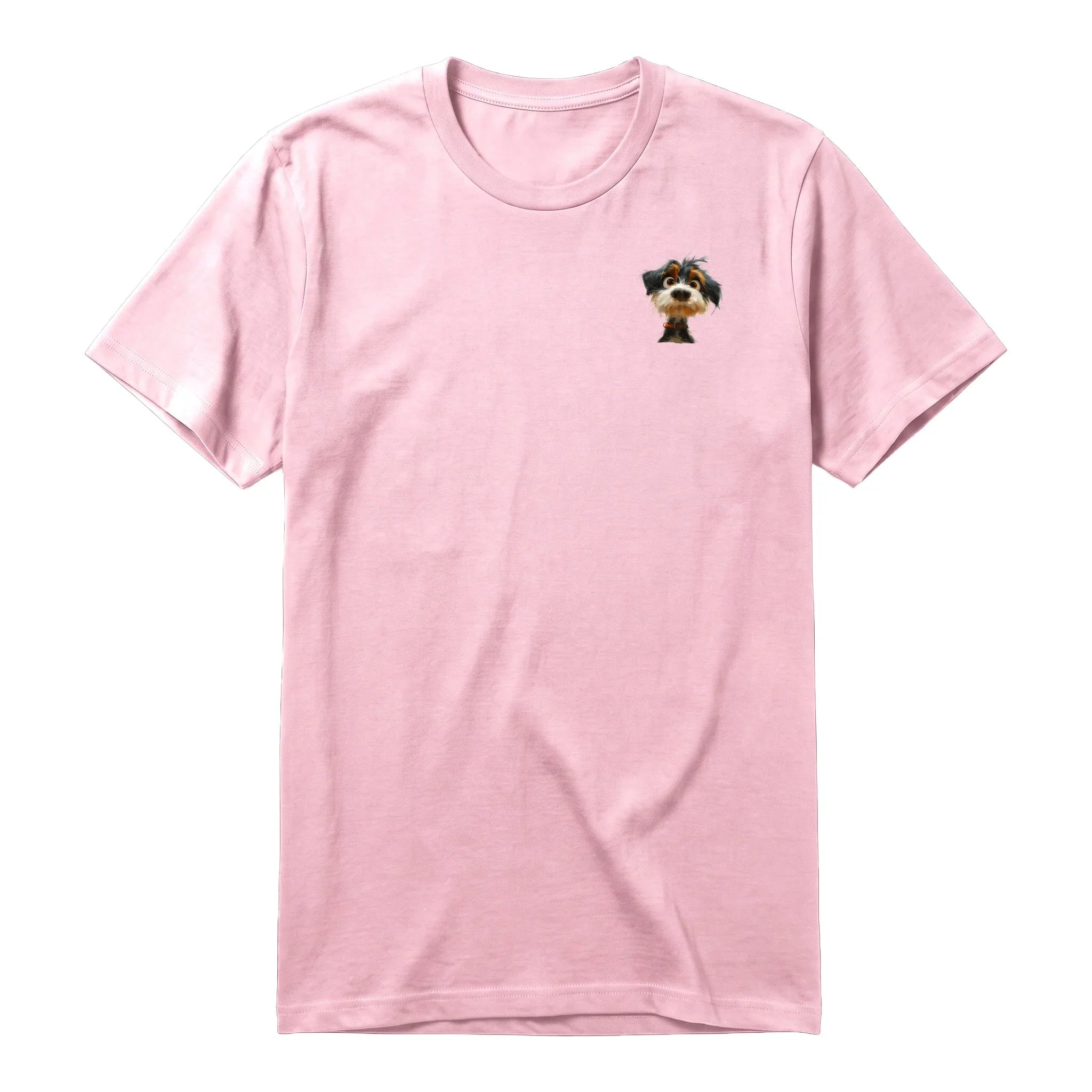 A pink short-sleeve crewneck t-shirt for adult featuring a graphic of a dog on the left chest.