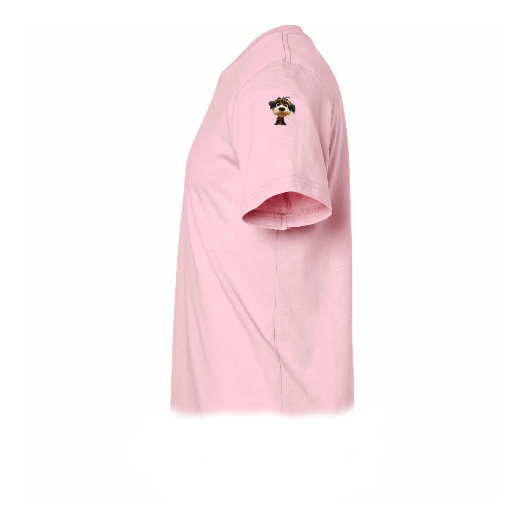 A pink short-sleeve crewneck t-shirt  featuring a small graphic of a dog on the upper left sleeve.