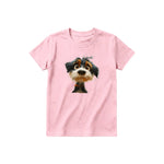 A pink short-sleeve crewneck t-shirt for youth featuring a graphic of a dog on the front.