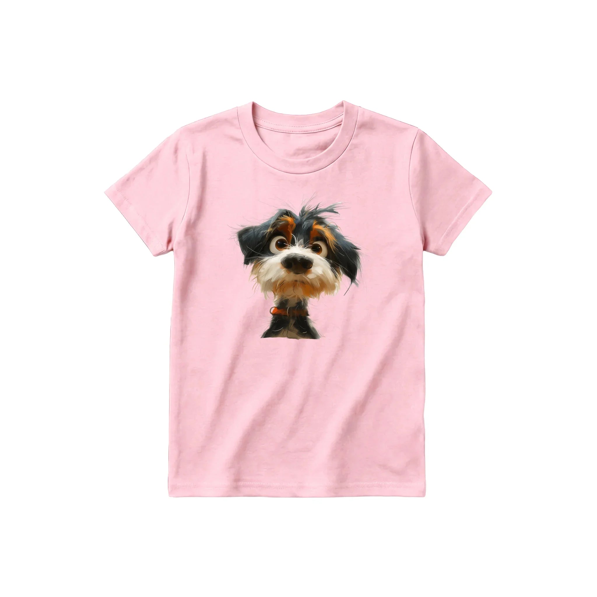 A pink short-sleeve crewneck t-shirt for youth featuring a graphic of a dog on the front.