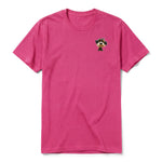 A raspberry short-sleeve crewneck t-shirt for adult featuring a graphic of a dog on the left chest.