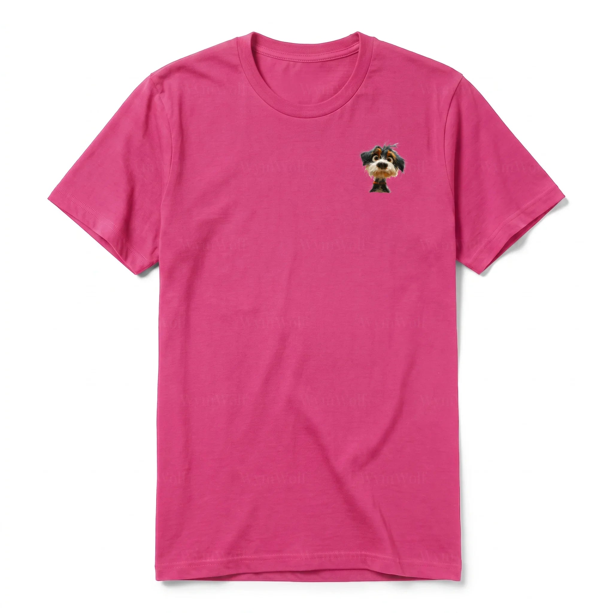 A raspberry short-sleeve crewneck t-shirt for adult featuring a graphic of a dog on the left chest.