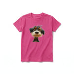 A raspberry short-sleeve crewneck t-shirt for youth featuring a graphic of a dog on the front.