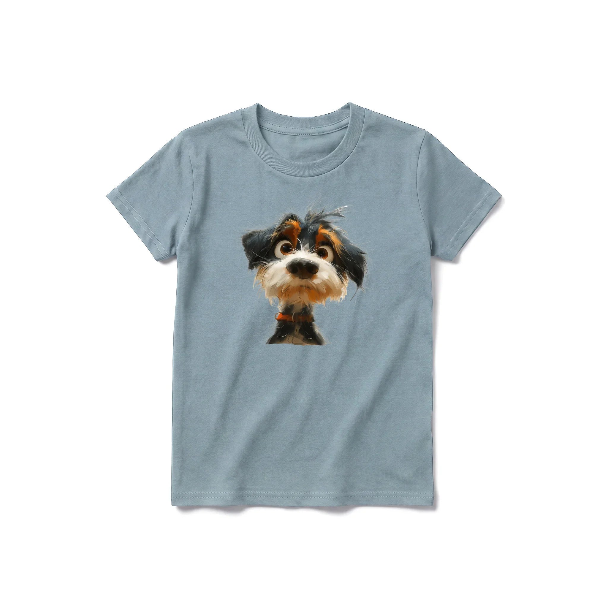 Un T-shirt sauge à manches courtes et col rond pour jeune, orné d'un motif représentant un chien sur le devant.