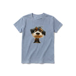 A steel-blue short-sleeve crewneck t-shirt for youth featuring a graphic of a dog on the front.