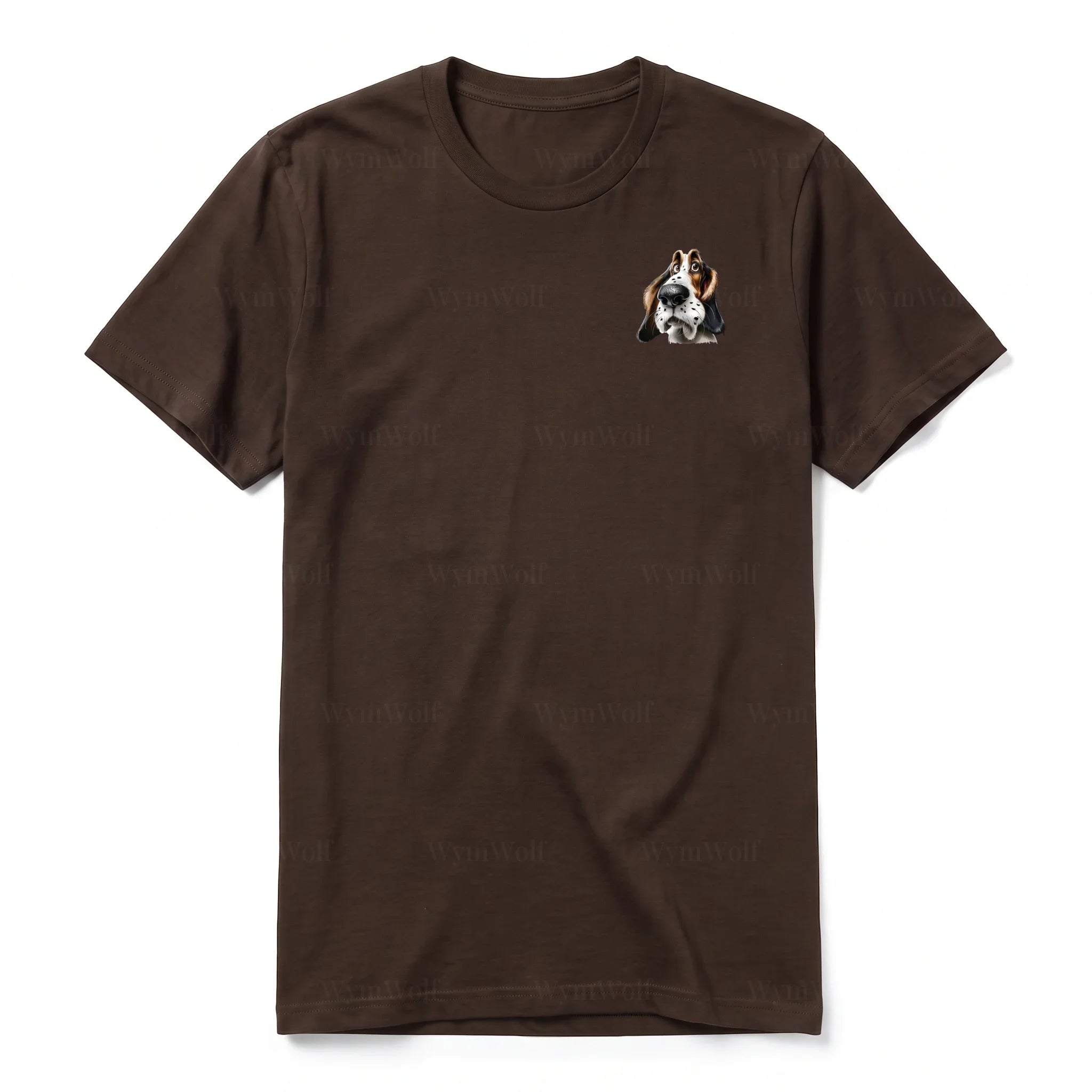 A chocolate short-sleeve crewneck t-shirt for adult featuring a graphic of a dog on the left chest.