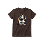 A chocolate short-sleeve crewneck t-shirt for youth featuring a graphic of a dog on the front.