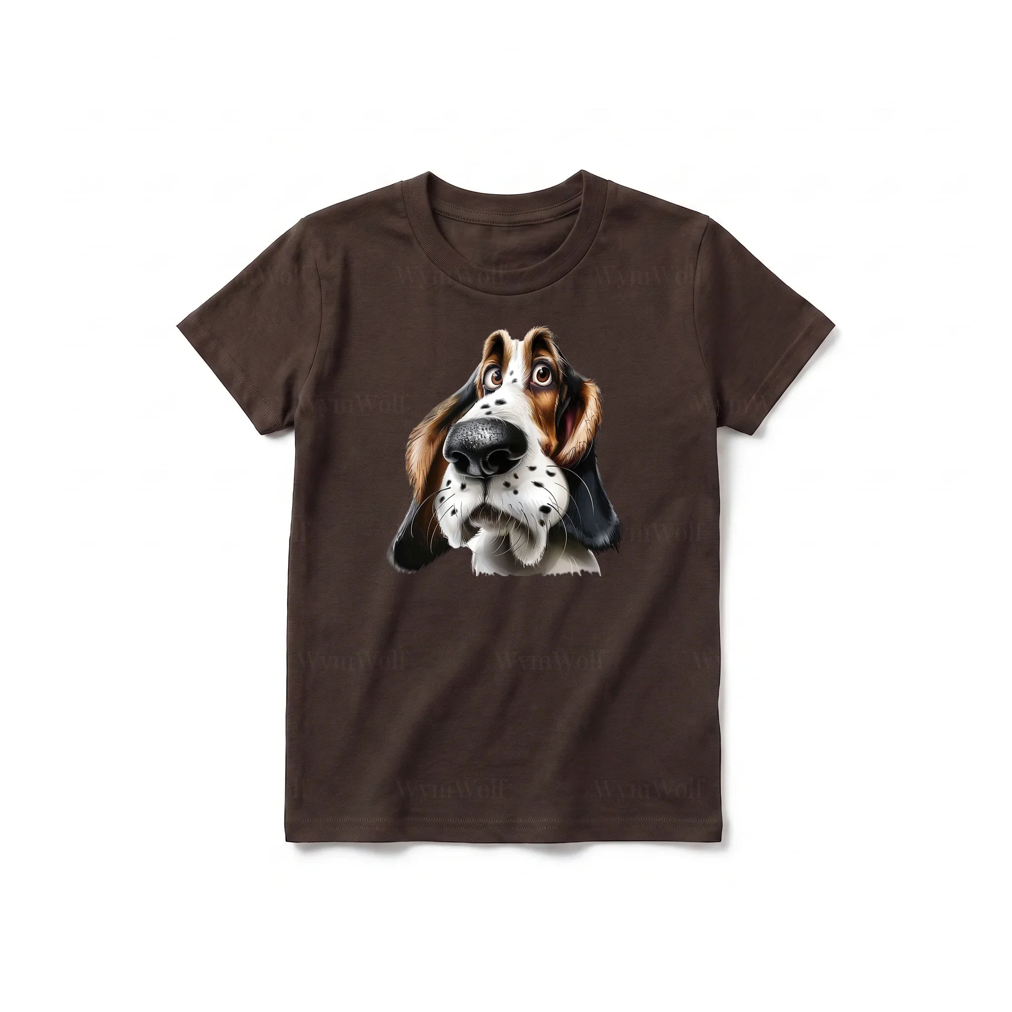 A chocolate short-sleeve crewneck t-shirt for youth featuring a graphic of a dog on the front.