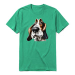 A kelly short-sleeve crewneck t-shirt for adult featuring a graphic of a dog on the front.