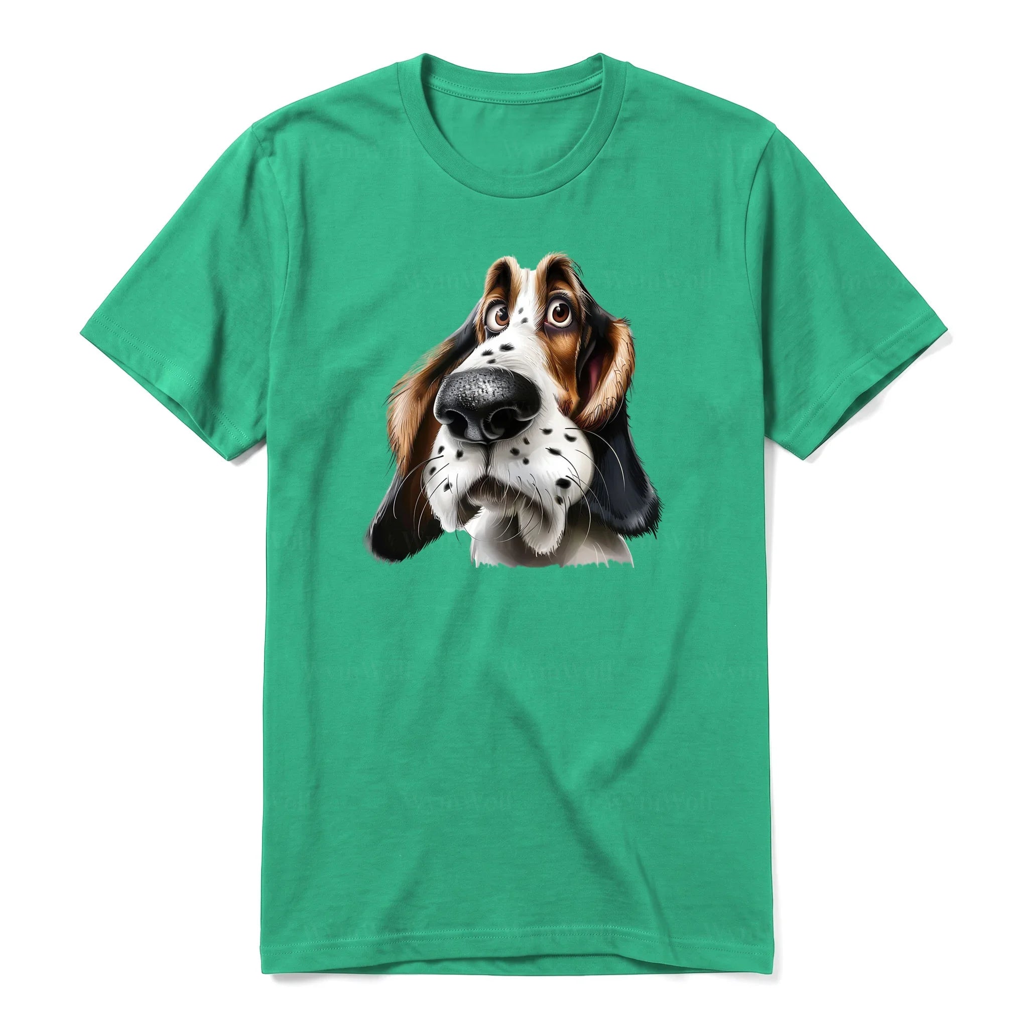 A kelly short-sleeve crewneck t-shirt for adult featuring a graphic of a dog on the front.
