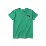 A kelly short-sleeve crewneck t-shirt for youth featuring a graphic of a dog on the left chest.