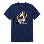 A navy short-sleeve crewneck t-shirt for adult featuring a graphic of a dog on the front.