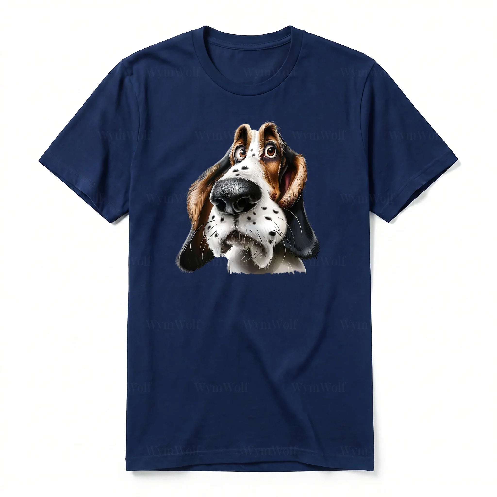 A navy short-sleeve crewneck t-shirt for adult featuring a graphic of a dog on the front.