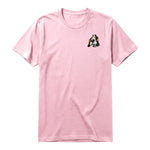 A pink short-sleeve crewneck t-shirt for adult featuring a graphic of a dog on the left chest.