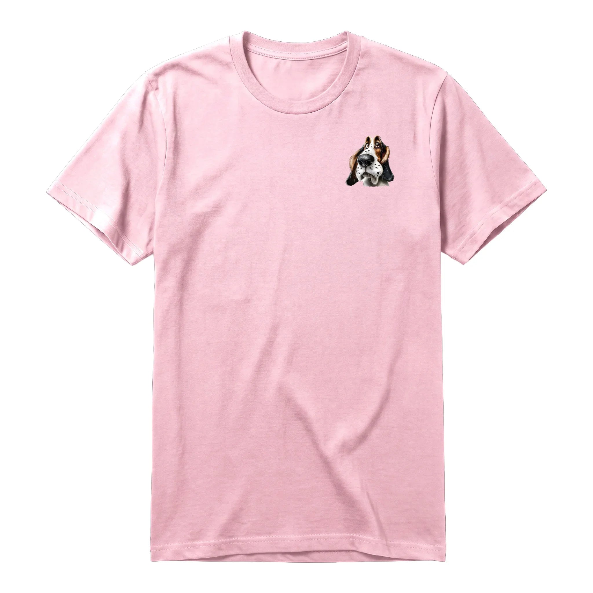 A pink short-sleeve crewneck t-shirt for adult featuring a graphic of a dog on the left chest.