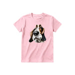 A pink short-sleeve crewneck t-shirt for youth featuring a graphic of a dog on the front.