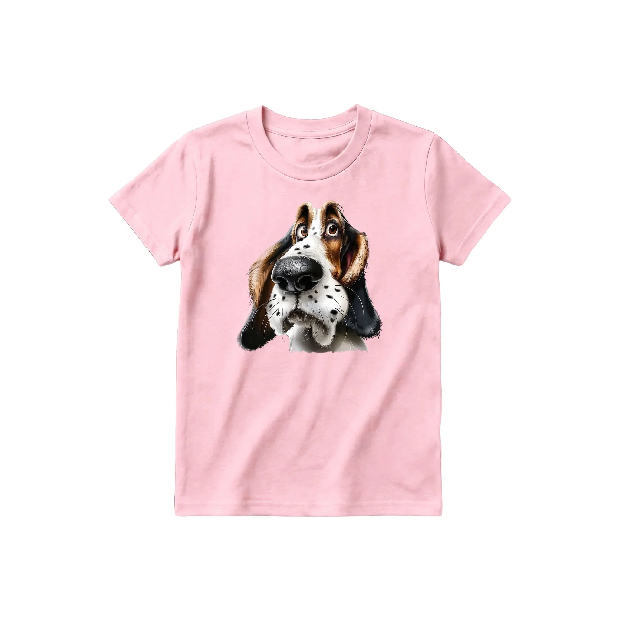 A pink short-sleeve crewneck t-shirt for youth featuring a graphic of a dog on the front.