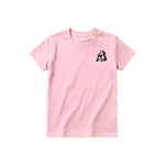A pink short-sleeve crewneck t-shirt for youth featuring a graphic of a dog on the left chest.