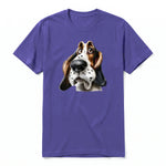 A purple short-sleeve crewneck t-shirt for adult featuring a graphic of a dog on the front.