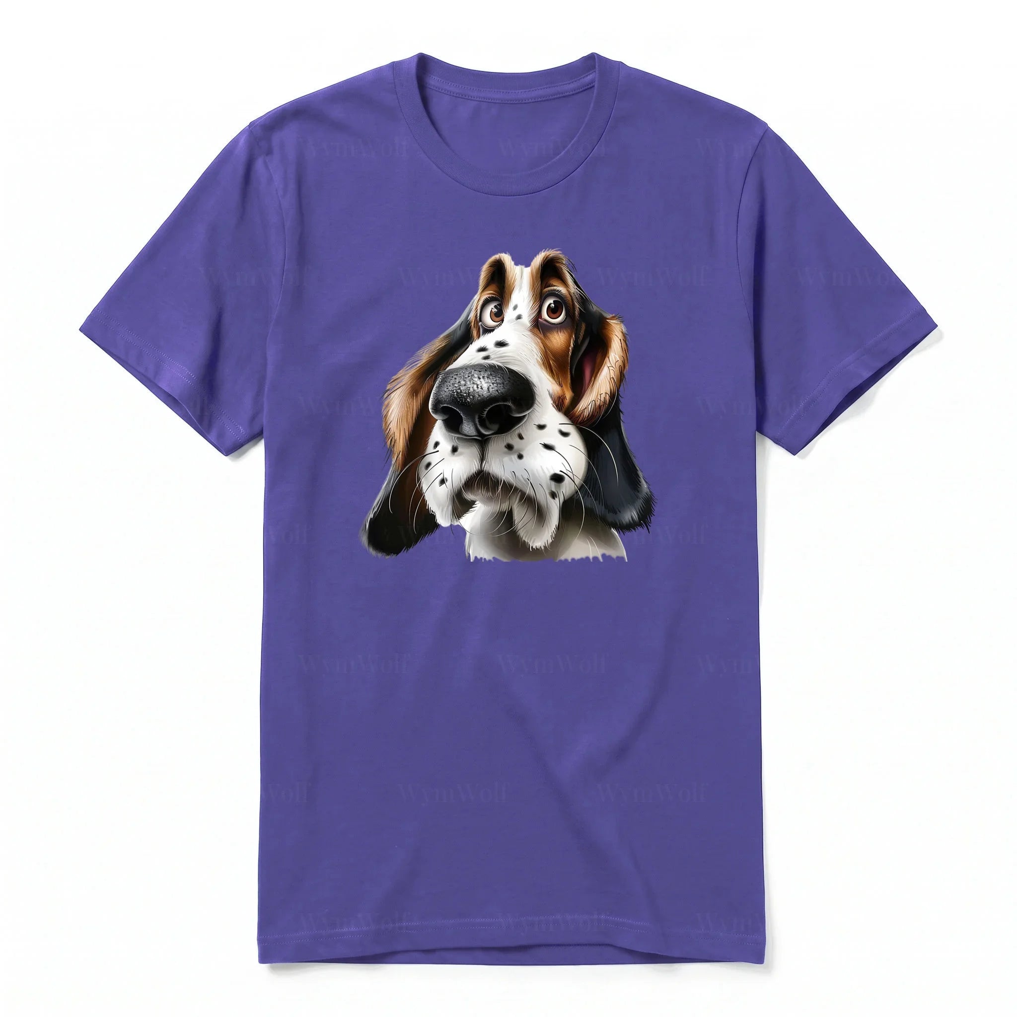 A purple short-sleeve crewneck t-shirt for adult featuring a graphic of a dog on the front.