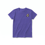 A purple short-sleeve crewneck t-shirt for youth featuring a graphic of a dog on the left chest.